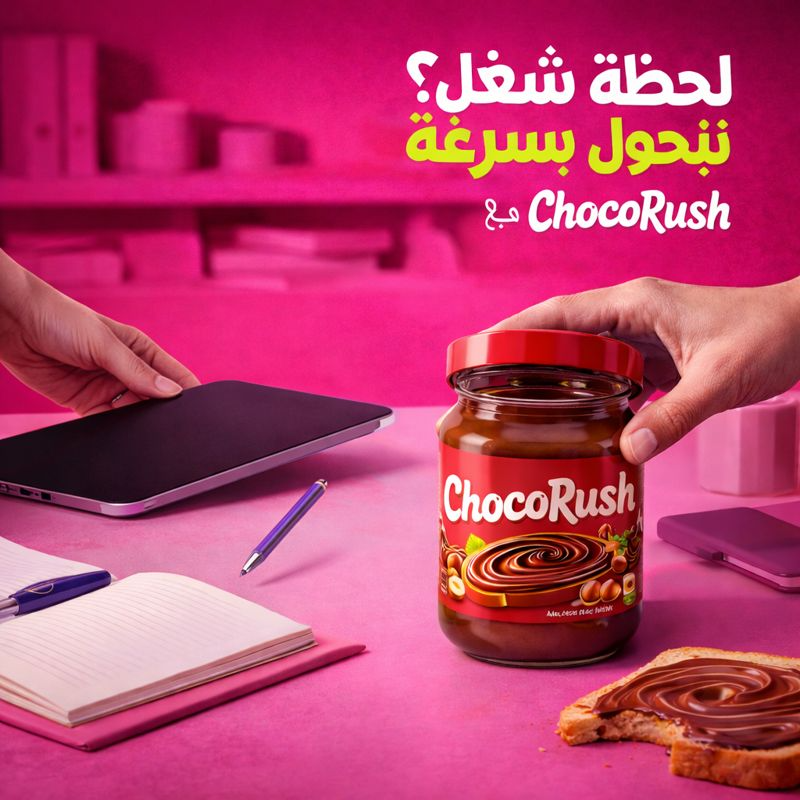 Lifestyle ad showing ChocoRush as the perfect office quick snack on a pink desk