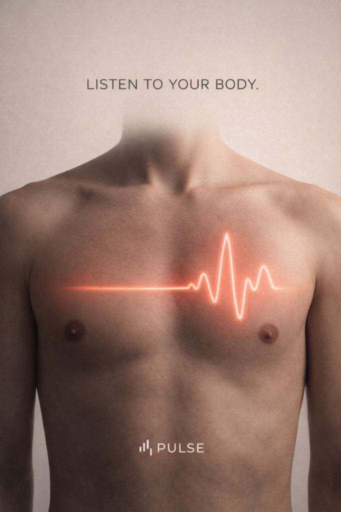 Conceptual health tech advertisement showing a glowing digital heartbeat on a human chest