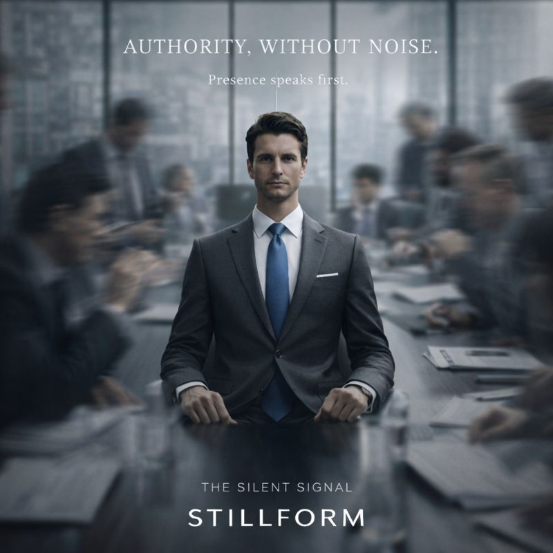 Corporate luxury portrait of a man in a grey suit for Stillform's authority campaign