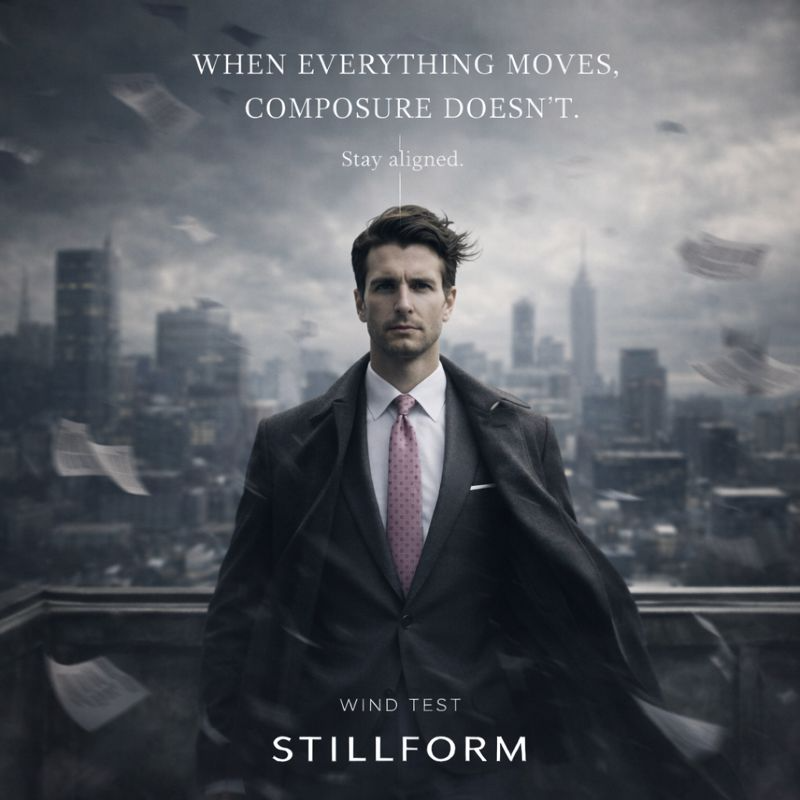 Dramatic city rooftop photography for Stillform featuring a man in a suit with paper blowing around